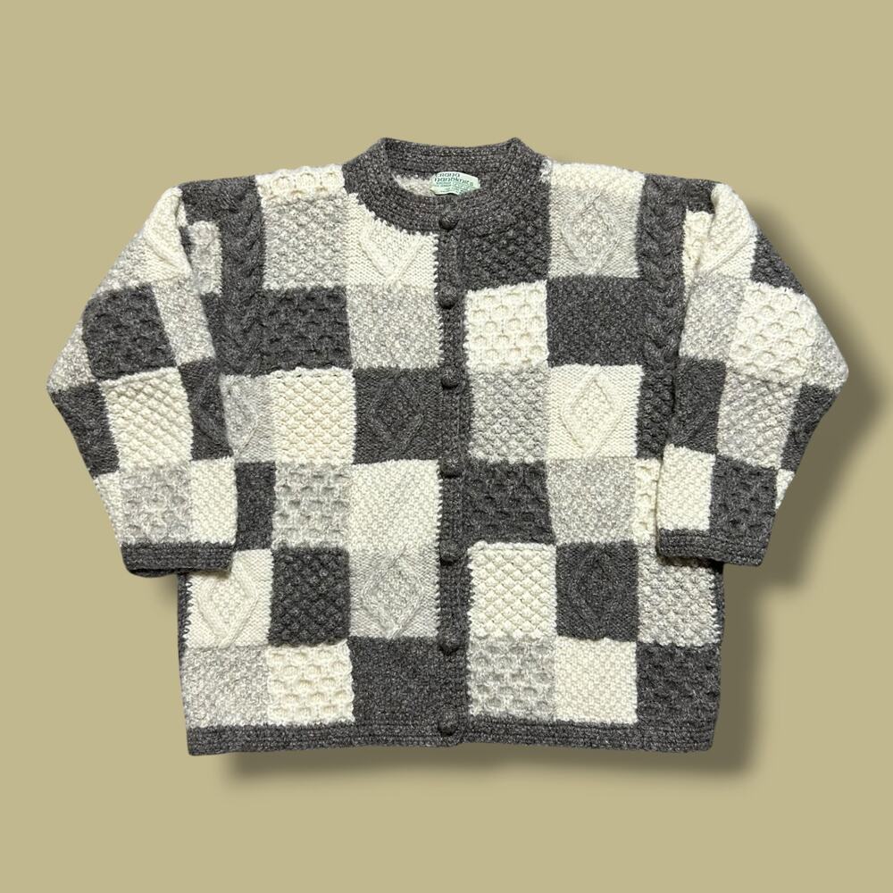 Vintage Hand Knit Wool Sweater Chunky Knit Irish Cardigan Checkered Womens Large